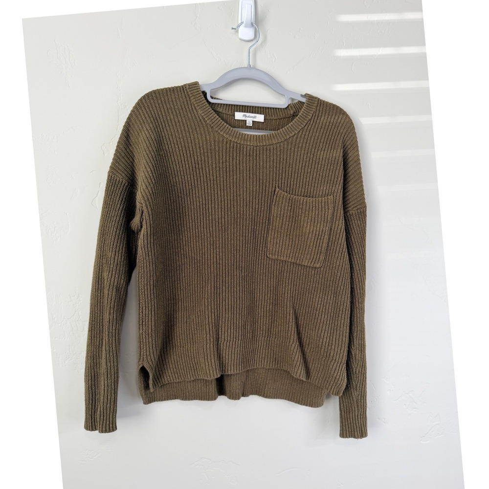 Madewell Olive Green Ribbed Pocket Crewneck Sweater XS High Low Hem